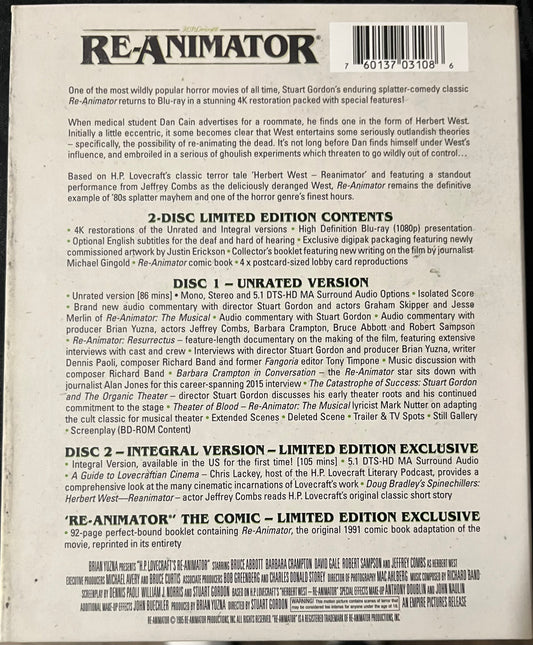 RE-ANIMATOR (1985) LIMITED BLU RAY BOX SET USED RARE