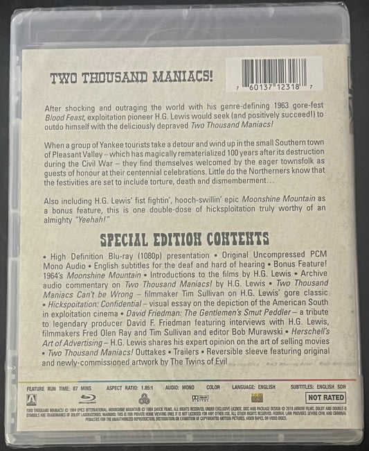 TWO THOUSAND MANIACS! (1964) BLU RAY NEW