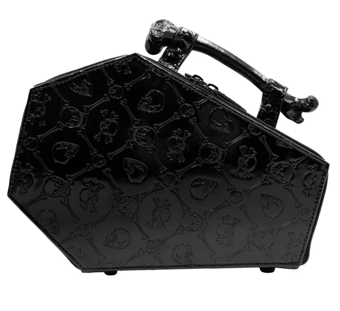 Embossed Patent Skull Crossbones Coffin Purse Bag