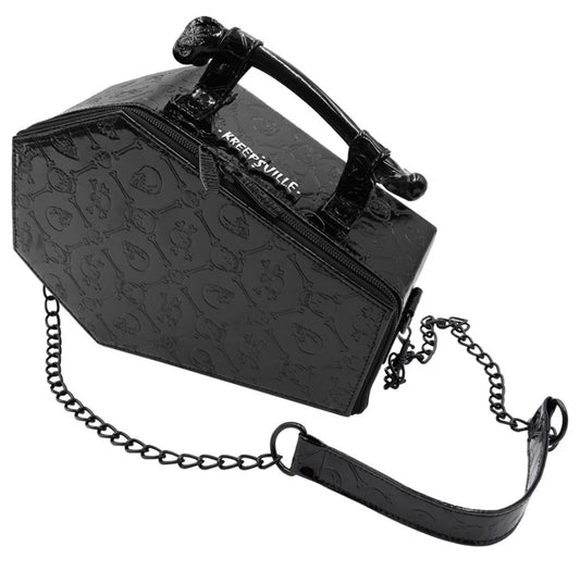 Embossed Patent Skull Crossbones Coffin Purse Bag